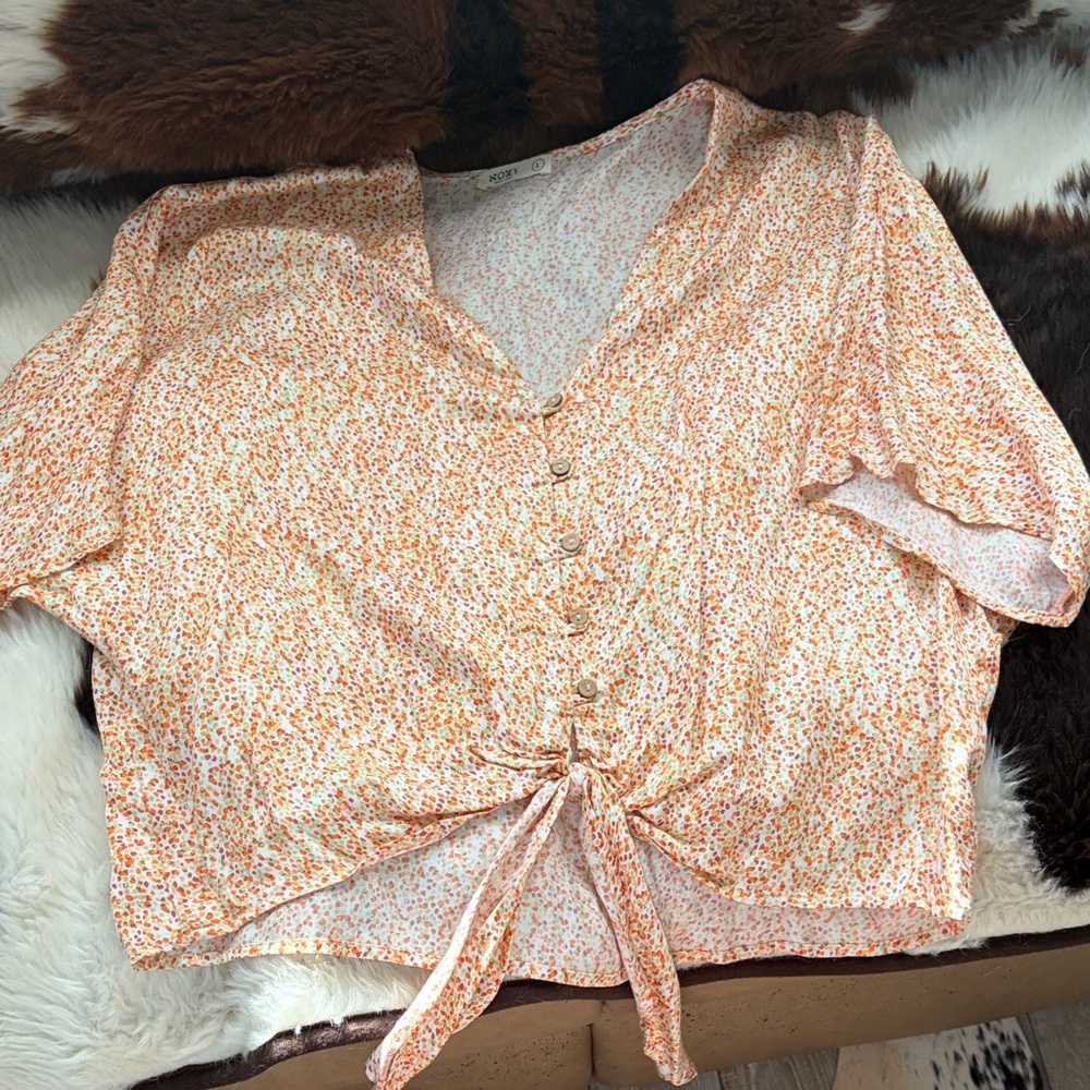 Chic Orange Floral Tie-Front Blouse